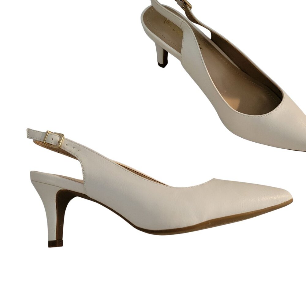 White Sling Back Shoes, 2" Heels, Faux Leather, Sz 8